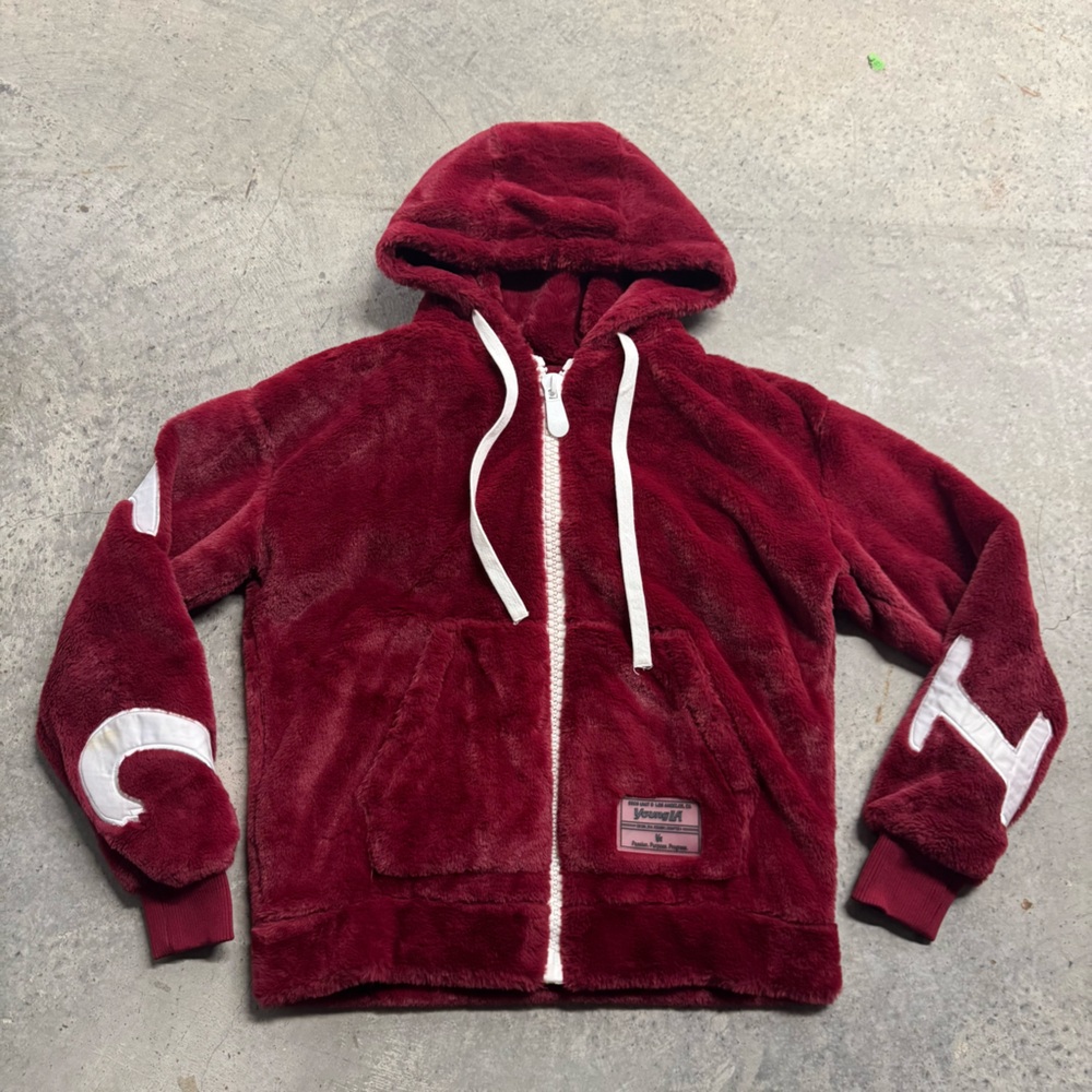 YoungLa Iconic Red Fur Full Zip Hoodie Jacket Sz S  Sporty‎ Cozy Streetwear